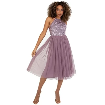Abbildung von Maya Deluxe Damen Women&#039;s Midi Dress With Halter Neck Tulle for Evening Graduation Prom Wedding Bridesmaid Brautjungfernkleid, Moody Lilac, 40 EU