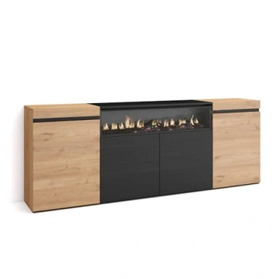 Abbildung von Skraut Home Sideboard, Highboard Kommode, Komodenschrank 200x75x35cm 4 Türen Elektrokamin. Maße Moderner Stil Eiche Schwarz