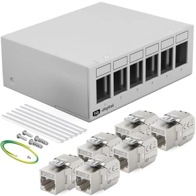Abbildung von HB DIGITAL 6 Port Patchpanel Patchfeld Verteilerfeld 1 HE 6x CAT 7 RJ45 Keystone Jack Modul vollgeschirmt STP 10 Gbps Kompatibel mit Verlegekabel Netzwerkkabel Ethernet LAN Hellgrau