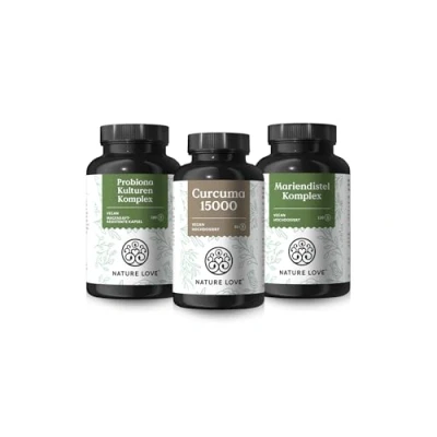 Abbildung von NATURE LOVE® Wohlfühlbauch Set Probiona Kulturen Komplex, Curcuma Extrakt &amp; Mariendistel Komplex Kapseln Hochdosiert: 20 Mrd. KBE, 150 mg Curcuminoide 200 Silymarin pro Tag vegan