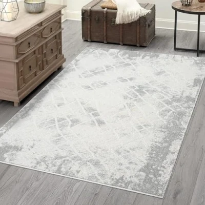 Abbildung von carpet city Teppich Wohnzimmer Grau 200x290 cm Klassisch Modern Vintage Stil, Bordüre, Geo Muster Teppiche Kurzflor Schlafzimmer, Esszimmer