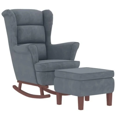Abbildung von vidaXL Schaukelsessel und Hocker mit Holzbeinen Dunkelgrau Samt, Sessel Hocker, Relaxsessel, Relaxstuhl, Schaukelsessel, Relaxsessel