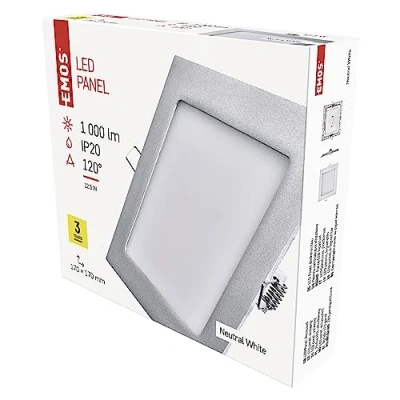 Abbildung von EMOS LED Einbauleuchte 12W mit Driver, ultraflacher quadratischer Einbaustrahler / Panel, Abmessungen 170x170x21 mm, Ersatz für 70W Glühbirne, Lichtfarbe neutralweiß 4000 K, Helligkeit 1000 lm