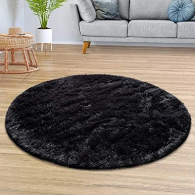 Abbildung von TT Home Teppich Wohnzimmer Hochflor Langflor Weich Soft Modernes Einfarbiges Design, Farbe: Schwarz, Größe:200 cm Rund