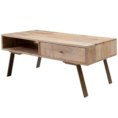 Abbildung von FineBuy Couchtisch SIKAR 95x42x50 cm Mango Massivholz/Metall Sofatisch, Wohnzimmertisch mit Schublade, Designer Holztisch Kaffeetisch massiv, Tisch braun