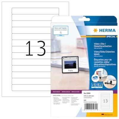 Abbildung von HERMA 5069 Video Etiketten für VHS Kassetten Rücken, 25 Blatt, 147,3 x 20 mm, 13 pro A4 Bogen, 325 Stück, selbstklebend, bedruckbar, matt, blanko Papier Videokassetten Aufkleber, weiß