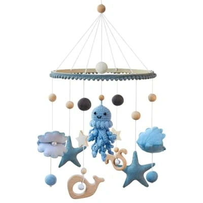Abbildung von Ueiwffzo Oktopus Baby Mobile Babybett Hölz Windspiel, Anhänger zum Häkeln, Meerestiere Bettglocke Krippe für Bett, Wickeltisch Mobiles Ornament Babyzimmer Decor