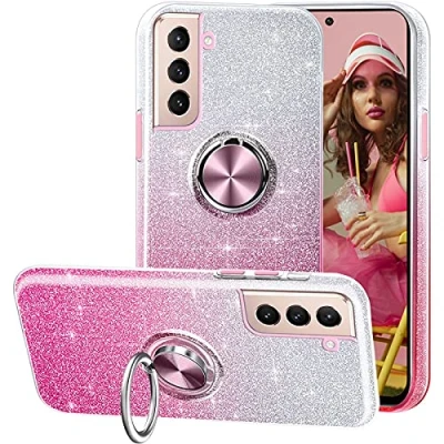 Abbildung von IBEX Kompatibel mit der Schutzhülle für Samsung Galaxy S21, Funkelnde 3 in 1 360 drehbarem Ring magnetische Kfz Halterungen, geeignet Rosa