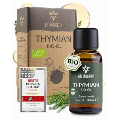 Abbildung von Heldengrün® BIO Thymianöl [100% NATURREIN] Zertifiziertes Lebensmittel zum Einnehmen Thymian Öl aus Griechenland Ätherische Öle Thymian, Tyhme Oil