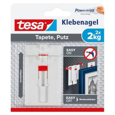 Abbildung von tesa Klebehaken Klebenagel mit max. 2 kg Haltekraft für Bilder verstellbar, Dekoration, Bilder, Leinwände, Lichterketten, Girlanden, (Spar Set, St., inkl. Powerstrips), POWERSTRIPS Doppelseitig Tapete &amp; Putz 2er Pack