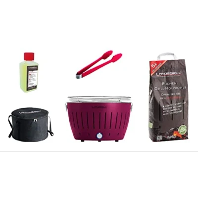 Abbildung von LotusGrill Starter Set Classic 1x Grill Pflaumenlila mit USB Anschluß, Buchenholzkohle 2,5 kg, Brennpaste 200ml, Zange (Farbe nach Vorrat), Tragetasche der raucharme Holzkohlegrill