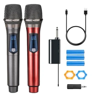 Abbildung von HUACAM Handfunkmikrofonsystem, Festfrequenz, mit wiederaufladbarem Empfänger, 3,5 mm Klinkenstecker, für Karaoke, Kirche, DJ, Handfunkmikrofon, 200 Fuß Reichweite