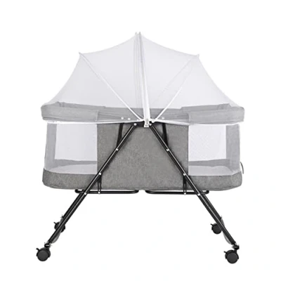 Abbildung von HUOLE 2 in 1 Baby Bett mit Rollen, Matratze, Beistellbett und Freistehendes Kinderbett, Nachttisch Krippe Faltbar,Stubenwagen Netz106*92 * 55cm grau