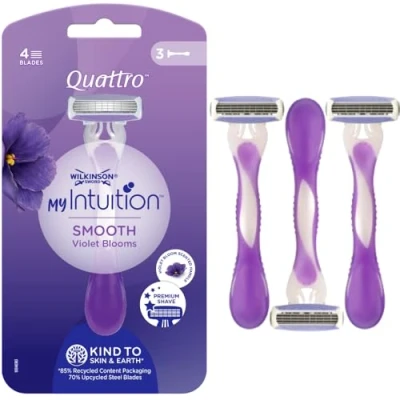 Abbildung von Wilkinson Sword Quattro My Intuition Smooth Violet Blooms Einwegrasierer für Damen, mit 4 feuchtigkeitsspendenden Klingen, Haarentfernungsrasierer empfindliche Haut, 3 Stück