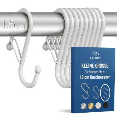 Abbildung von Blau Marité 10 Stück S Haken Klein für Stangen bis zu 1,5 cm Durchmesser Kleine zum Einhänge mit Sicherheitsschnalle Metall Bad, Küche und Garten Spind Weiß