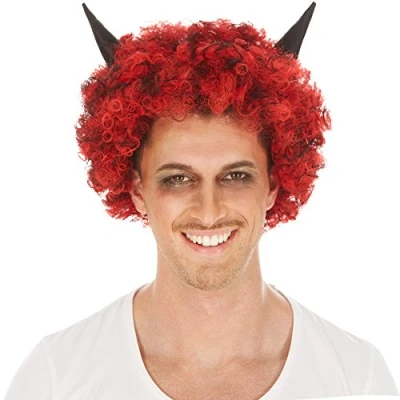 Abbildung von dressforfun Perücke schwarz rot mit Hörner gelockt kurz Halloween Fasching Hexe Teufel Vampir Gothic
