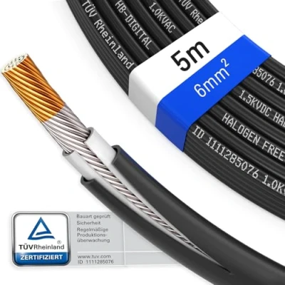 Abbildung von hb digital 5m Solarkabel H1Z2Z2 K TÜV Rheinland zertifiziertes 6mm² flexibel UV witterungsbeständig PV Kabel reines Kupfer 1500V DC für Solarpanel Wechselrichter Photovoltaik Schwarz
