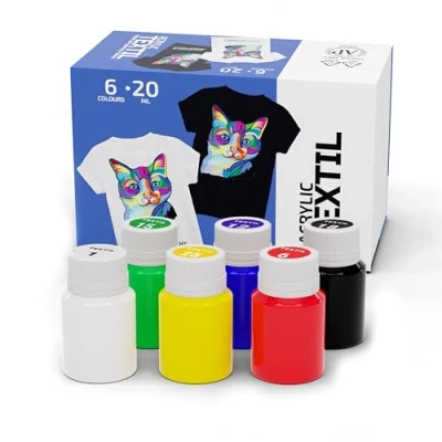 Abbildung von Krevo Art Stoffmalfarben Textilfarben Waschfest Set aus 6 x 20ml Stofffarben in Fläschchen Zum Bemalen von verschiedenen Textilien