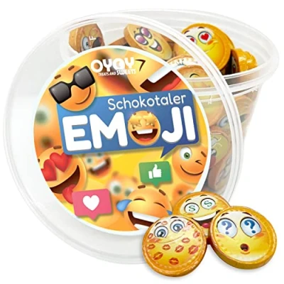 Abbildung von OYOY Emoji Schokolade Partymix Set mit 510g Smiley Schokotaler in einem Partybucket I ca. 78 Schokoladentaler aus Milchschokolade Mitbringsel für Kinder Geschenk Süssigkeiten