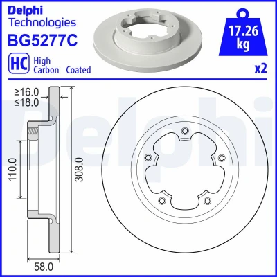Abbildung von DELPHI Bremsscheibe FORD: Transit Mk7 Kastenwagen, Bus, Pritsche / Fahrgestell 308mm 18mm 5 voll BG5277C Bremsscheiben