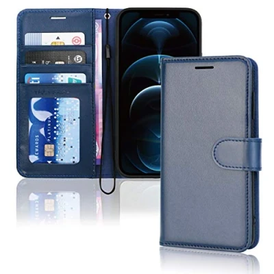 Abbildung von TECHGEAR hülle iPhone 12 Pro Max Leder PU Flip Schutzhülle Ledertasche [Brieftasche] Handyhülle mit Ständer und Handschlaufe Blau Kompatible