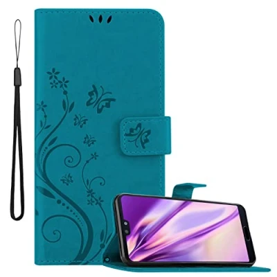 Abbildung von Cadorabo Hülle kompatibel mit Huawei P20 Blumen Design aus Premium Kunst Leder Flip Klappbare Stoßfeste Magnetische [Standfunktion] [Kartenfächern] Cover für Tasche in Blau