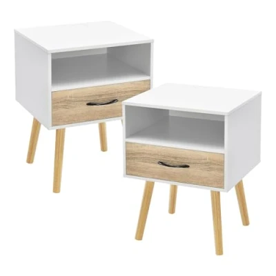 Abbildung von [en.casa] Beistelltisch 2er Set Gävle Wohnzimmertisch 57 x 42 40 cm Nachttisch mit Schublade Sofatisch Nebentisch Kaffeetisch Ablagefach Weiß/Eiche