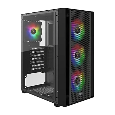 Abbildung von Zeus GAMDIAS ATX Mid Tower Gaming Computer PC Gehäuse mit seitlichem gehärtetem Glas, 4 x 120 mm ARGB Gehäuselüftern und Sync 5 V RGB Motherboard exzellentem Luftstrom
