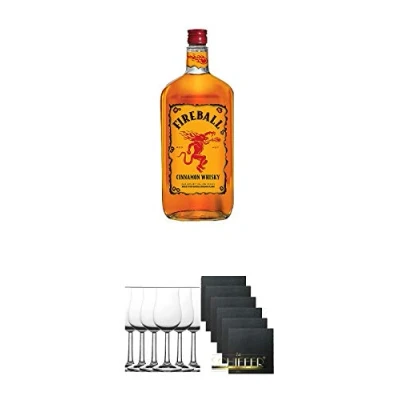 Abbildung von Fireball Whisky Zimt Likör Kanada 0,7 Liter + Nosing Gläser Kelchglas Bugatti mit Eichstrich 2cl und 4cl 6 Stück Schiefer Glasuntersetzer eckig x ca. 9,5 cm Durchmesser