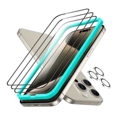 Abbildung von ESR iPhone 15 Pro Max für Panzerglas, Armorite Displayschutzfolien Set, extrem Robustes gehärtetes Glas, Rahmen einfache Anbringung, 3 Stück mit 1 Satz individuellem Kamera Schutz