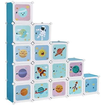 Abbildung von SONGMICS Regalsystem mit 15 Würfeln, Aufbewahrungsschrank für Kinder, Steckregal, Schuhregal aus Kunststoff, Kleiderschrank Türen, Mehrzweck, Schuhe, Spielzeug, 153 x 31 cm, blau LPC902Q01