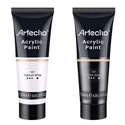Abbildung von Artecho Acrylfarbe Weiß und Schwarz 120 ml, Wasserfest Lichtecht, Schnell Trocknend, für Leinwand, Holz, Stoff, Handwerk, Leder Stein.