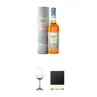 Abbildung von Oban Little Bay Single Malt Scotch Whisky Small Cask 0,7 Liter + Nosing Gläser Kelchglas Bugatti mit Eichstrich 2cl und 4cl 1 Stück Schiefer Glasuntersetzer eckig ca. 9,5 cm Durchmesser