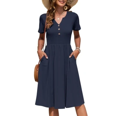 Abbildung von AUSELILY Damen Kurzarm Sommerkeider Knielange Sommer Kleider V Ausschnitt mit Knöpfen Empire Midikleid Taschen Marineblau XXL