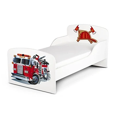 Abbildung von Leomark Funktionsbett aus Holz Feuerwehrauto Kinderbett mit Matratze, Holzbett Seitenschutz Lattenrost, Komplett Set für Kinder, Liegefläche 70/140 cm, UV Druck
