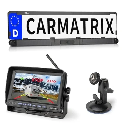 Abbildung von CARMATRIX Premium Solar 5 Rückfahrkamera (Solar Funk Video Rückfahrsystem Auto Wohnmobil Transporter Anhänger, Nummernschild, Kennzeichenhalter, Aufnahmefunktion, 7&quot; HD IPS Monitor)