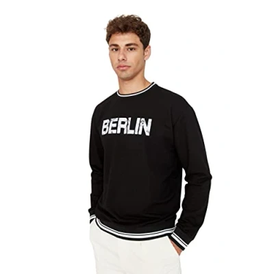 Abbildung von Trendyol Herren Relaxed Rundhalsausschnitt und Slogan Sweatshirt, Schwarz, L