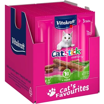 Abbildung von Vitakraft Cat Stick Healthy, Katzensnack, fleischige Mini Sticks, mit Huhn und Katzengras, zur Unterstützung der Verdauung, in Vorratsgröße, ohne Zusatz von Zucker (20x 3 Stück)