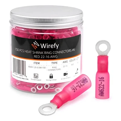 Abbildung von Wirefy Rote Ringkabelschuhe Schrumpfverbinder M3.5 Lötfreie Kabelschuhe Sortiment Ringkabelschuh Quetschverbinder 0,5 1,5 mm² 150 Stück