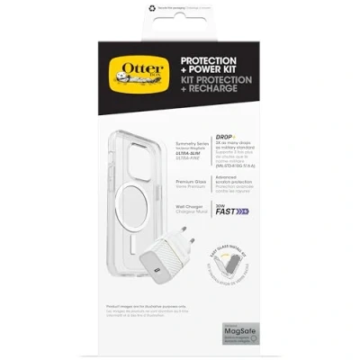 Abbildung von OtterBox Sturzschutz Bundle für iPhone 16; Symmetry Series Clear MagSafe Hülle, Premium Glass Displayschutz und EU 30W USB C Schnellladegerät