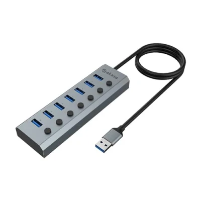 Abbildung von Akasa Powered USB Hub, Aluminium 7 Port with 3.2 Gen 1 (5Gbps) Superspeed and Individual Switch for PC Laptop, Desktop More, Both UK/EU Plugs Included, AK HB 21BKCM