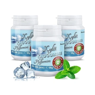 Abbildung von Xylitquelle Zahnpflegekaugummi PFEFFERMINZ 3 x 80 Stk 100% Xylit für angenehmen Atem zuckerfrei, vegan, ohne Aspartam 240 Kaugummis (3er Pack)