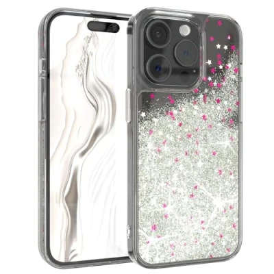 Abbildung von EAZY Case Glitzer Hülle kompatibel mit iPhone 15 Pro Handyhülle für Silikon leichtes Shiny Cover stoßfestes Phone als Fallschutz in Klar Transparent/Silber