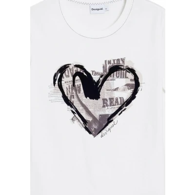 Abbildung von Desigual Newspaper Heart Tshirt print, Damen, Größe: Large, White