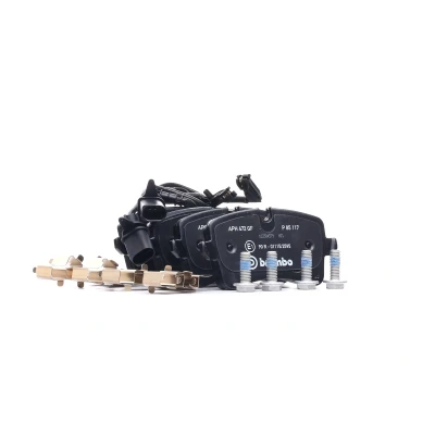 Abbildung von BREMBO P 85 117 Bremsbelagsatz inkl. Verschleißwarnkontakt mit Bremssattelschrauben Zubehör AUDI: A8 D4, A6 C7 Limousine, Avant