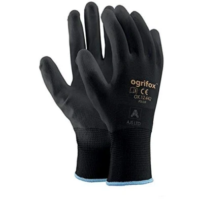 Abbildung von AJS LTD Arbeitshandschuhe, PU beschichtetes Nylon, Schwarz, 24 Paar Ideal für Gartenarbeit, Bauarbeiter, Mechaniker, runder Aufkleber mit Aufschrift
