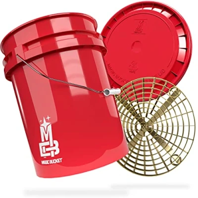 Abbildung von MAGIC BUCKET Auto Handwäsche Bundle Wascheimer Mit passendem Eimer Deckel 5 US GALLONEN ca. 20 Liter Grit Guard Eimereinsatz Schmutzsieb Waschset Rot/Gold