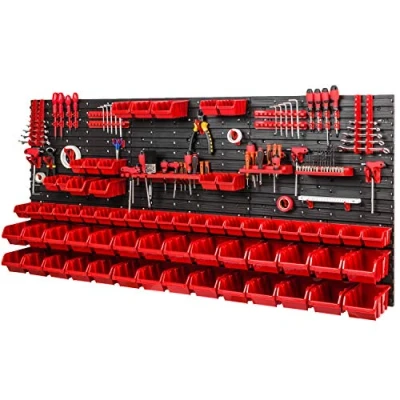 Abbildung von PAFEN Lagersystem Werkstattregal 1728 x 780 mm Wandregal mit Werkzeughalterung und 64 Rot Stapelboxen Wandplatten Schüttenrega