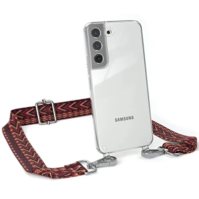 Abbildung von EAZY CASE Handykette Verstellbarer Trageriemen kompatibel mit Samsung Galaxy S22, dünner Riemen, Festivalbag transparentem Cover, zum Umhängen, Rot/Braun Verschluss Silber