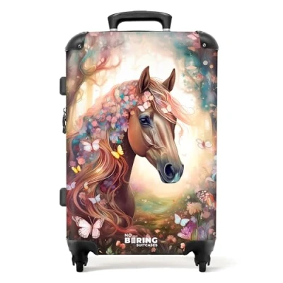 Abbildung von NoBoringSuitcases.com© Kinderkoffer Pferd Natur Blumen Schmetterlinge Wald 67x43x25cm, 4 rollen, Reisetasche mit Koffer für Mädchen